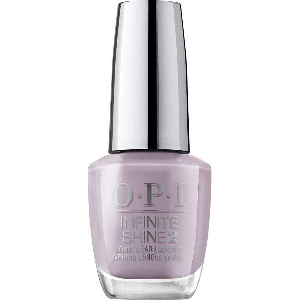 Flacon de vernis à ongles OPI Infinite Shine 2. Vernis lilas clair, bouchon argenté. Vue du produit.