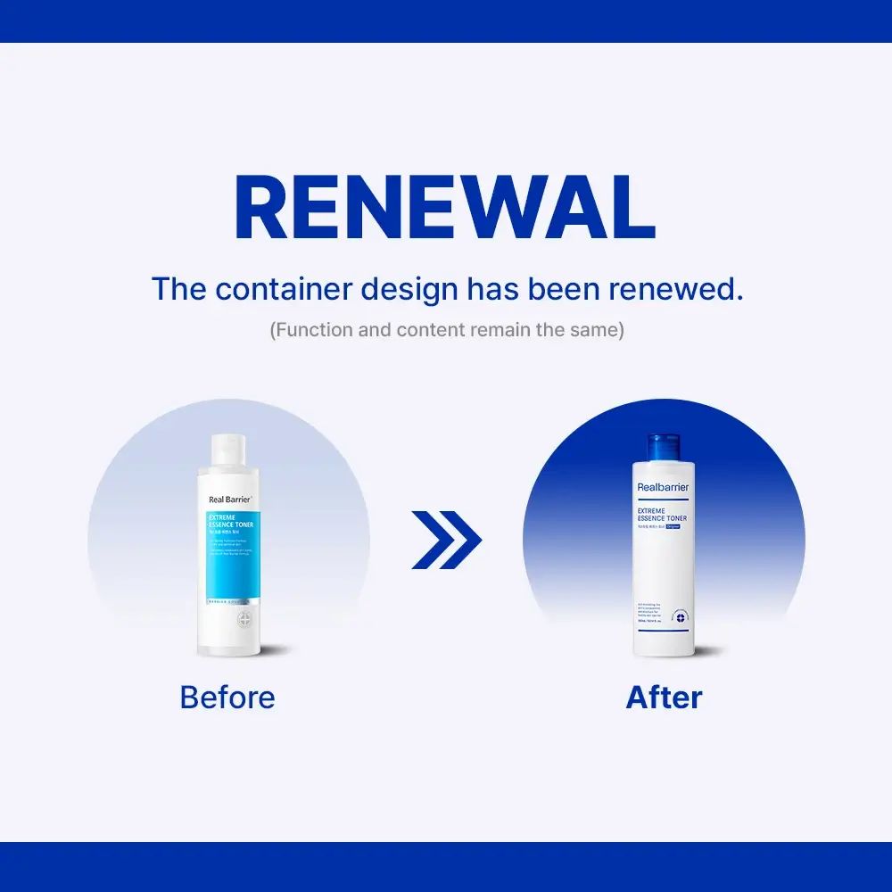 Grafiek: voor-en-na vergelijking. Links: fles met blauw etiket. Rechts: fles met nieuw design. Tekst: Renewal.