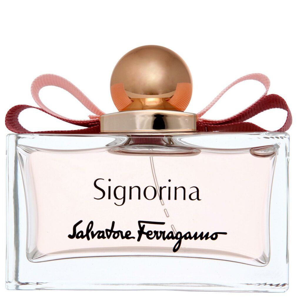 Signorina Eau de Parfum Spray. Rechthoekige glazen fles met roze vloeistof, roze strik en gouden dop. Salvatore Ferragamo.