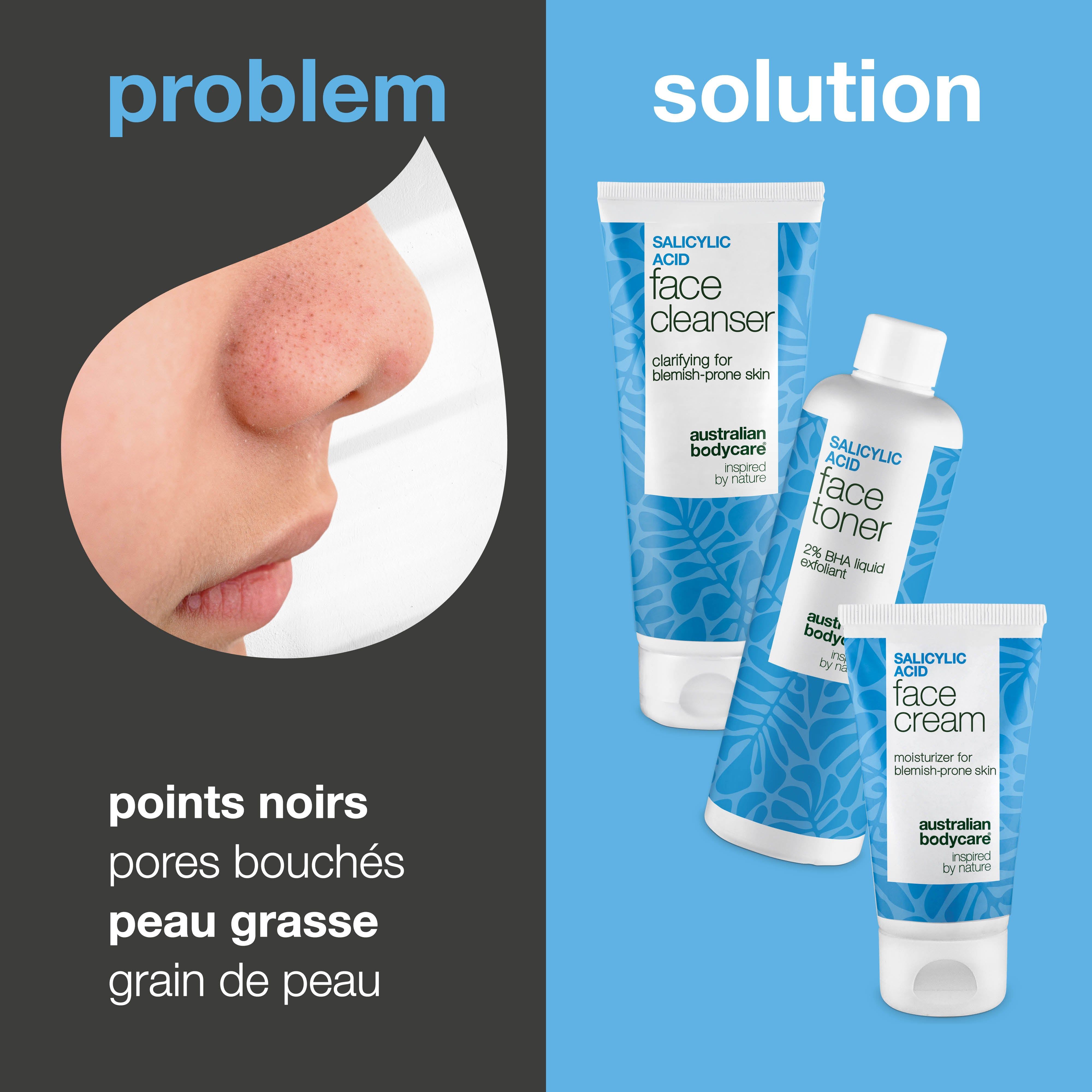 Visage avec imperfections à côté des produits Australian Bodycare. Produits : nettoyant, lotion tonique, crème.