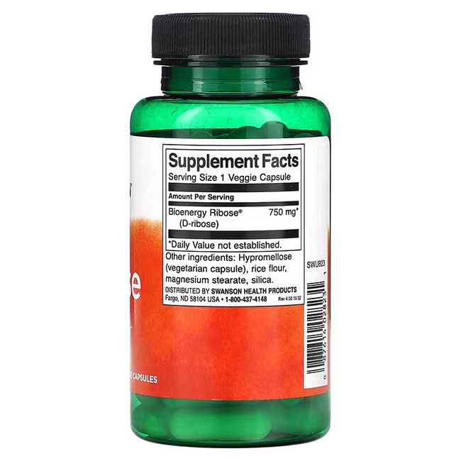 Achterkant van een groene fles met zwarte dop. Label met voedingsfeiten en "Bioenergy Ribose (D-ribose) 750 mg".
