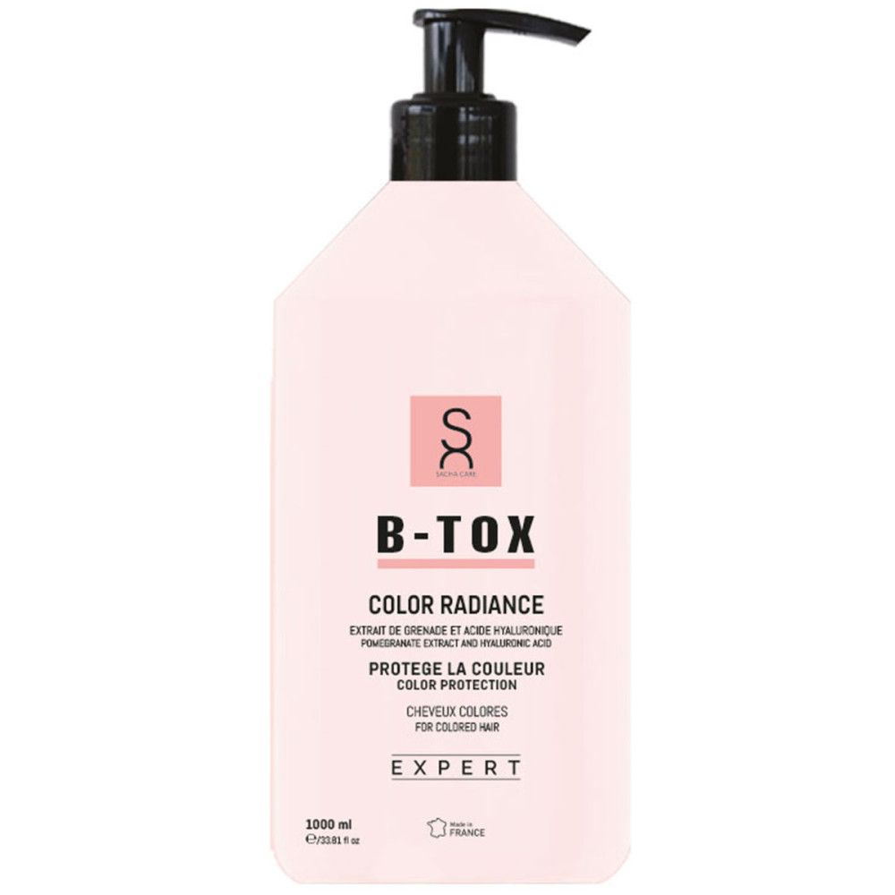 Roze fles met zwarte pomp. Opschrift: Color Radiance B-Tox. Voor gekleurd haar.