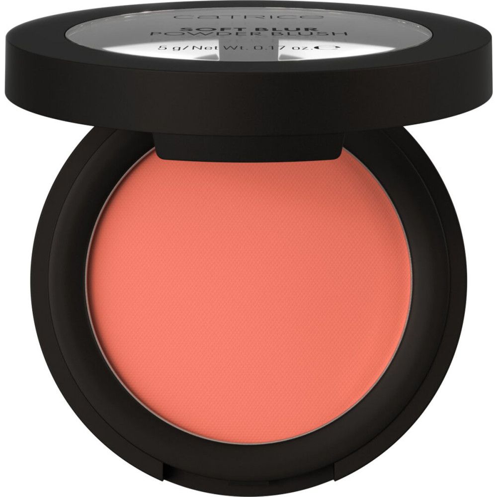 Boîtier rond noir Catrice Soft Blur Powder Blush ouvert. Fard à joues rose à l'intérieur.