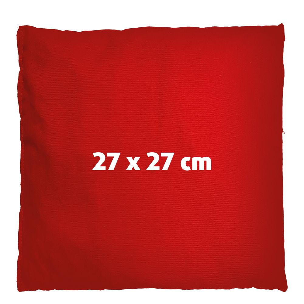 Rood vierkant kussen met witte tekst '27 x 27 cm'.