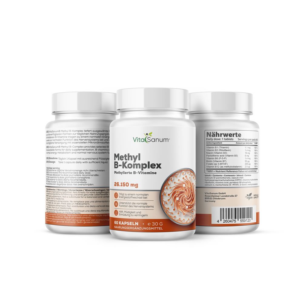 Trois flacons blancs avec étiquettes. Inscription : Methyl B-Komplex, 26.150 mg, 60 gélules. Label végétalien.