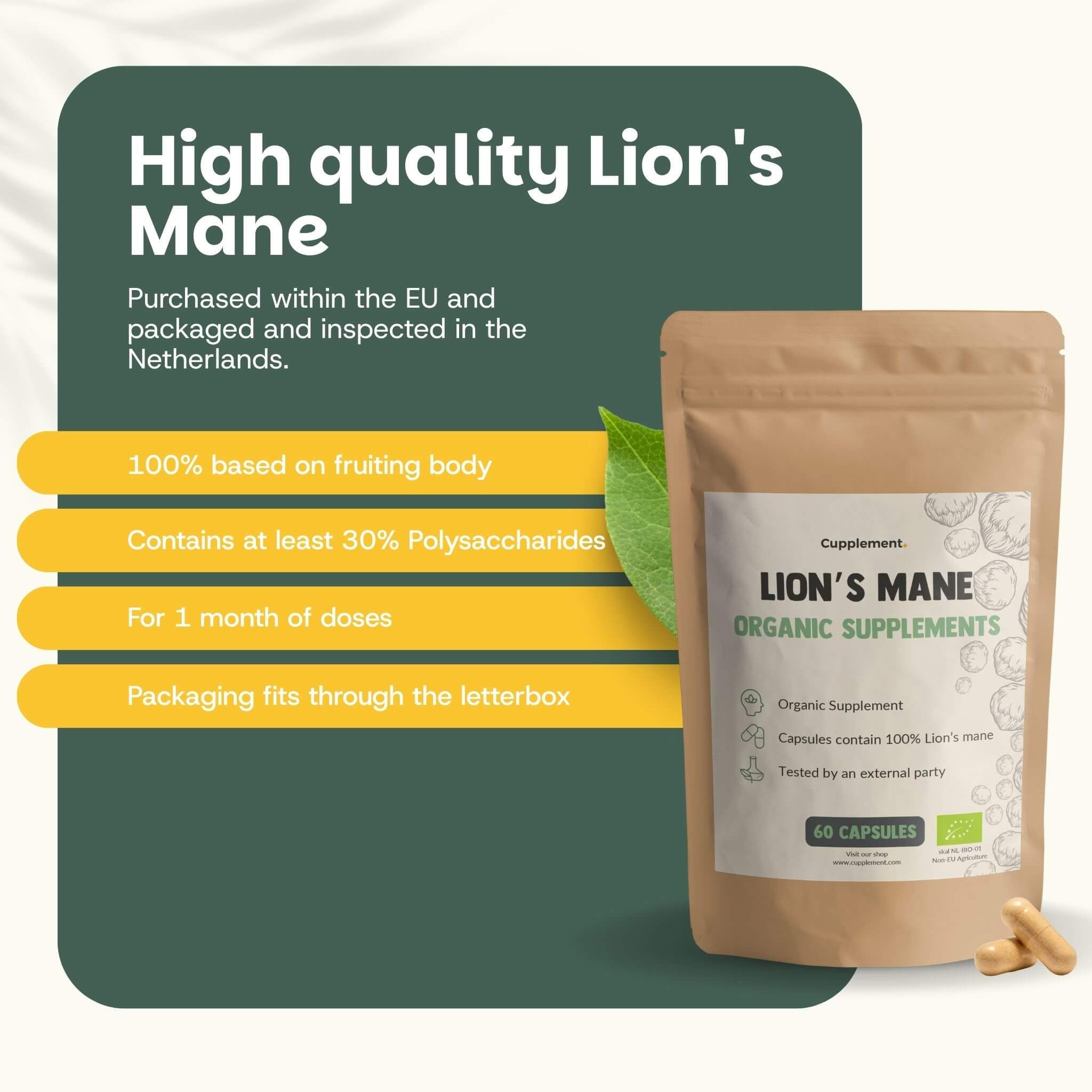 Sachet marron avec gélules. Inscription : Lion's Mane Organic Supplements. 60 gélules. Texte : 100% corps fructifère.