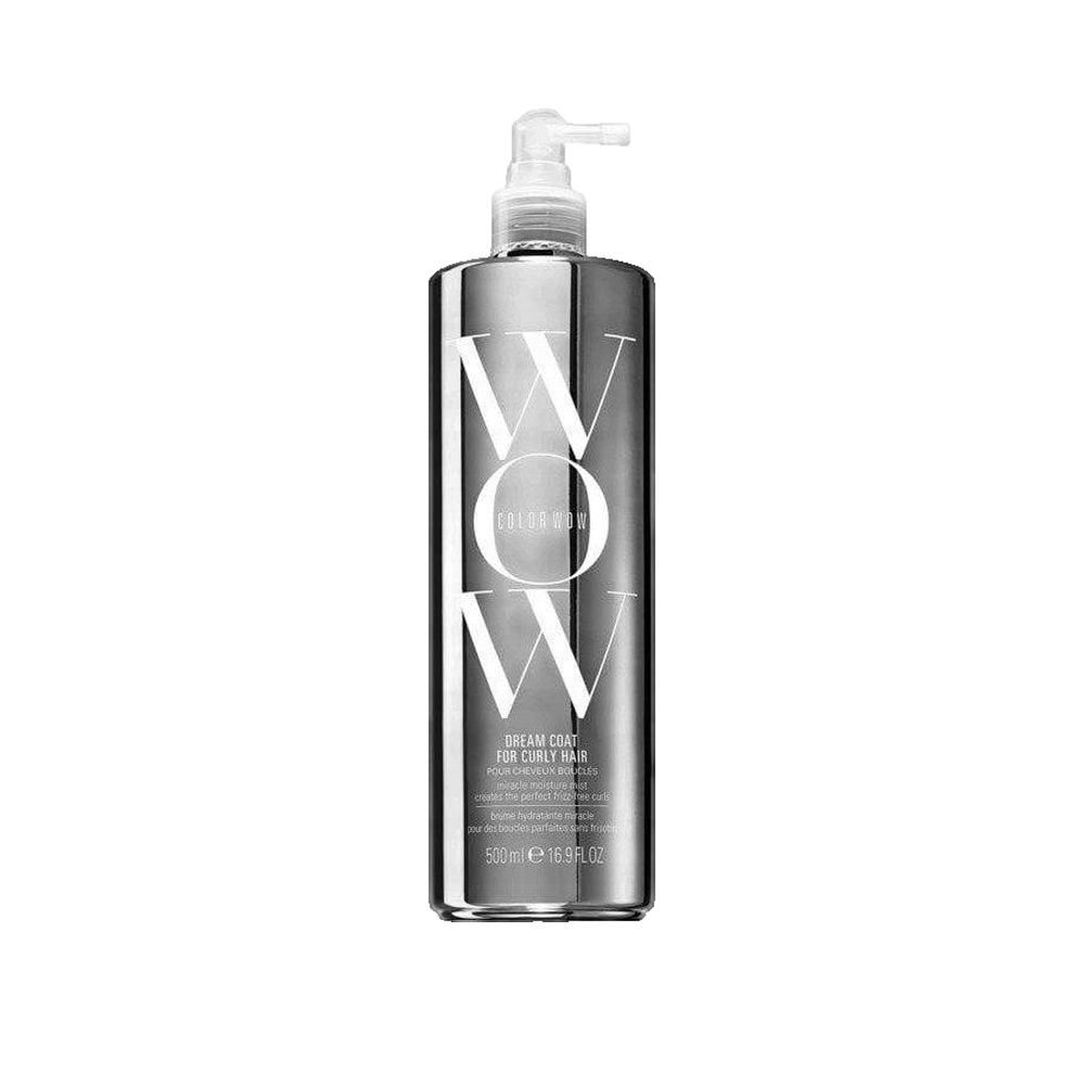 Zilveren fles met spraykop. Groot wit "WOW" logo. Tekst: Dream Coat for Curly Hair. 500ml.