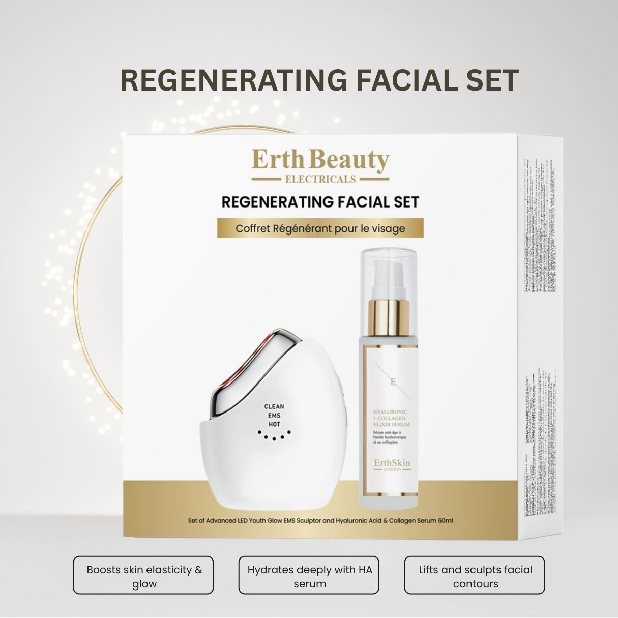 Emballage du coffret régénérant pour le visage avec sculpteur EMS et flacon de sérum d'acide hyaluronique.
