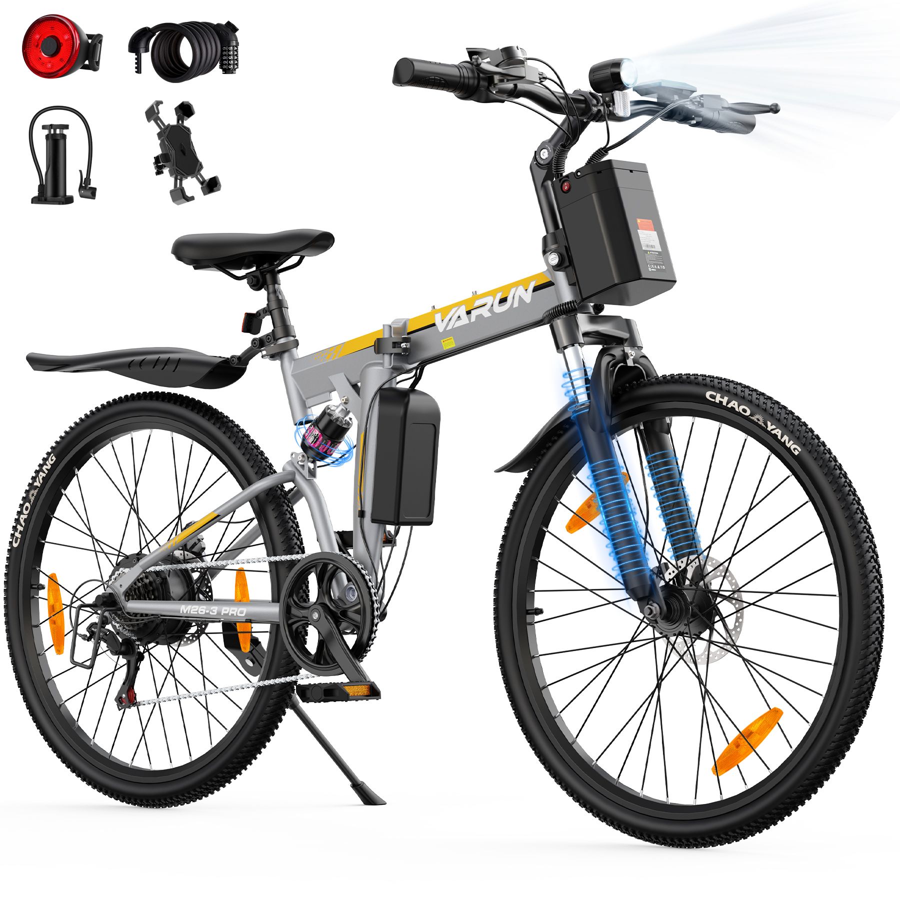 Vélo électrique pliable gris-jaune. Phare, accessoires. Logo VARUN. Pneus CHAOYANG. Accessoires: lumière, cadenas, pompe, support.