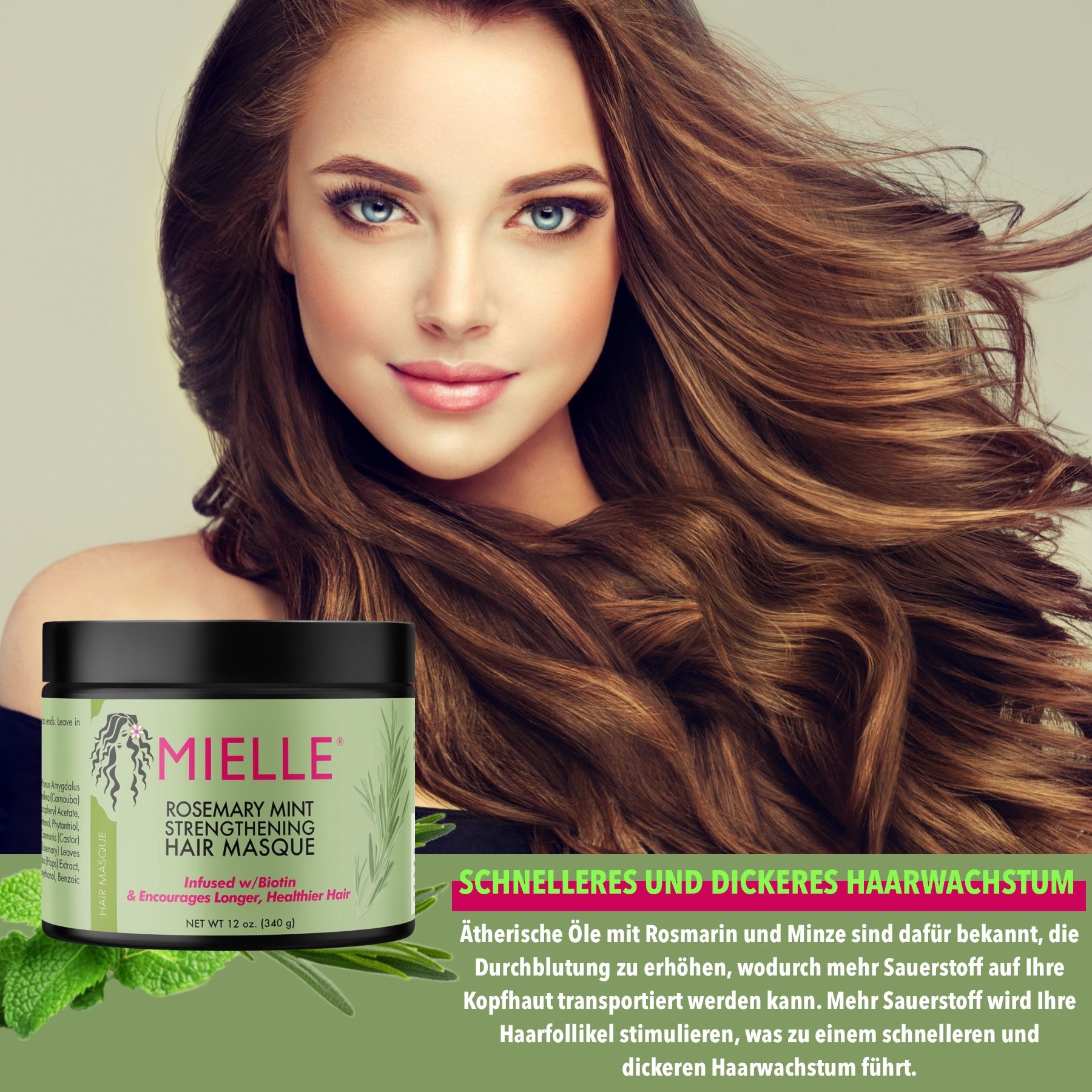 Femme aux cheveux longs. Masque capillaire Mielle Organics. Texte : Croissance des cheveux plus rapide et plus épaisse. Romarin et menthe.