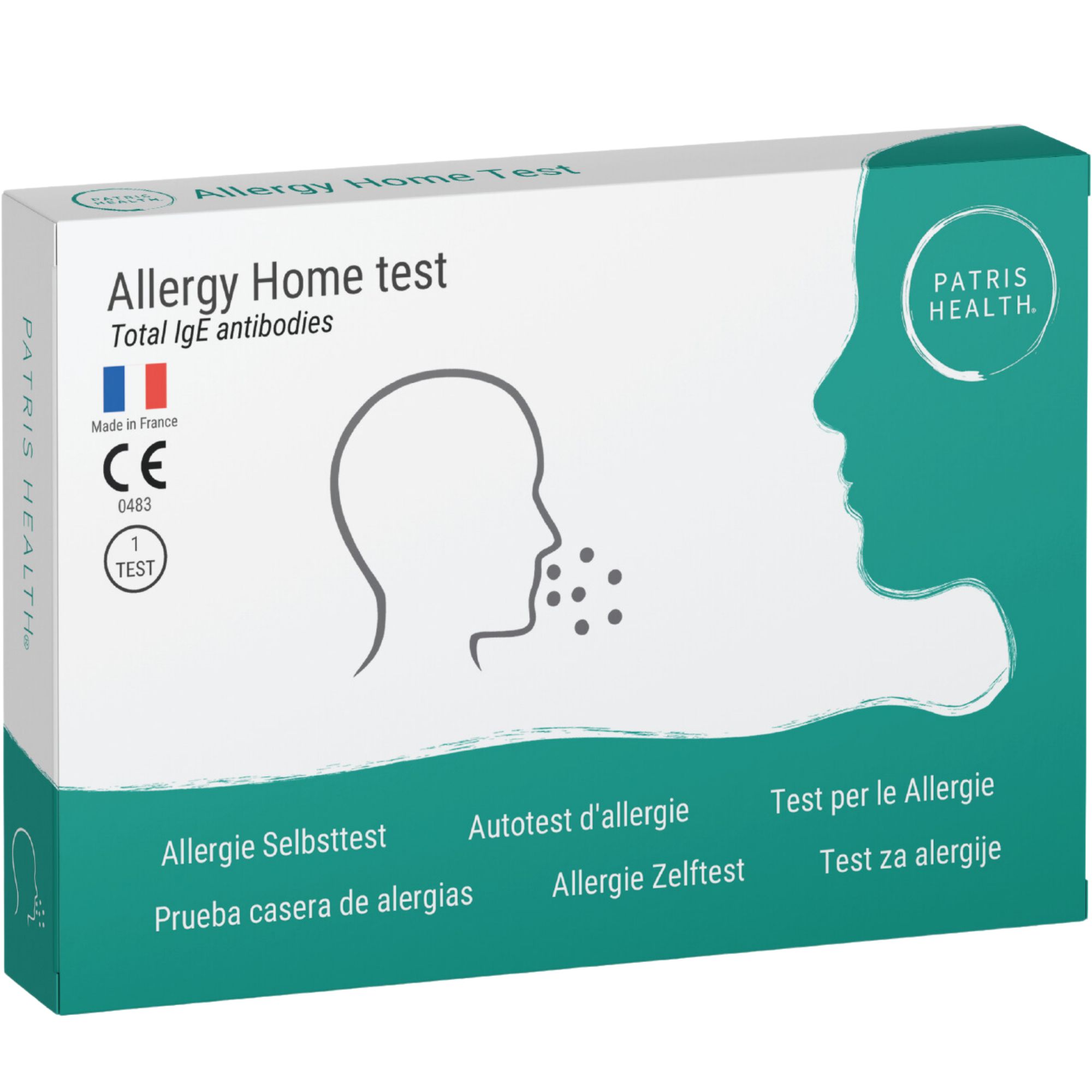 Emballage du test d'allergie. Boîte avec nom du produit, logo et certifications.