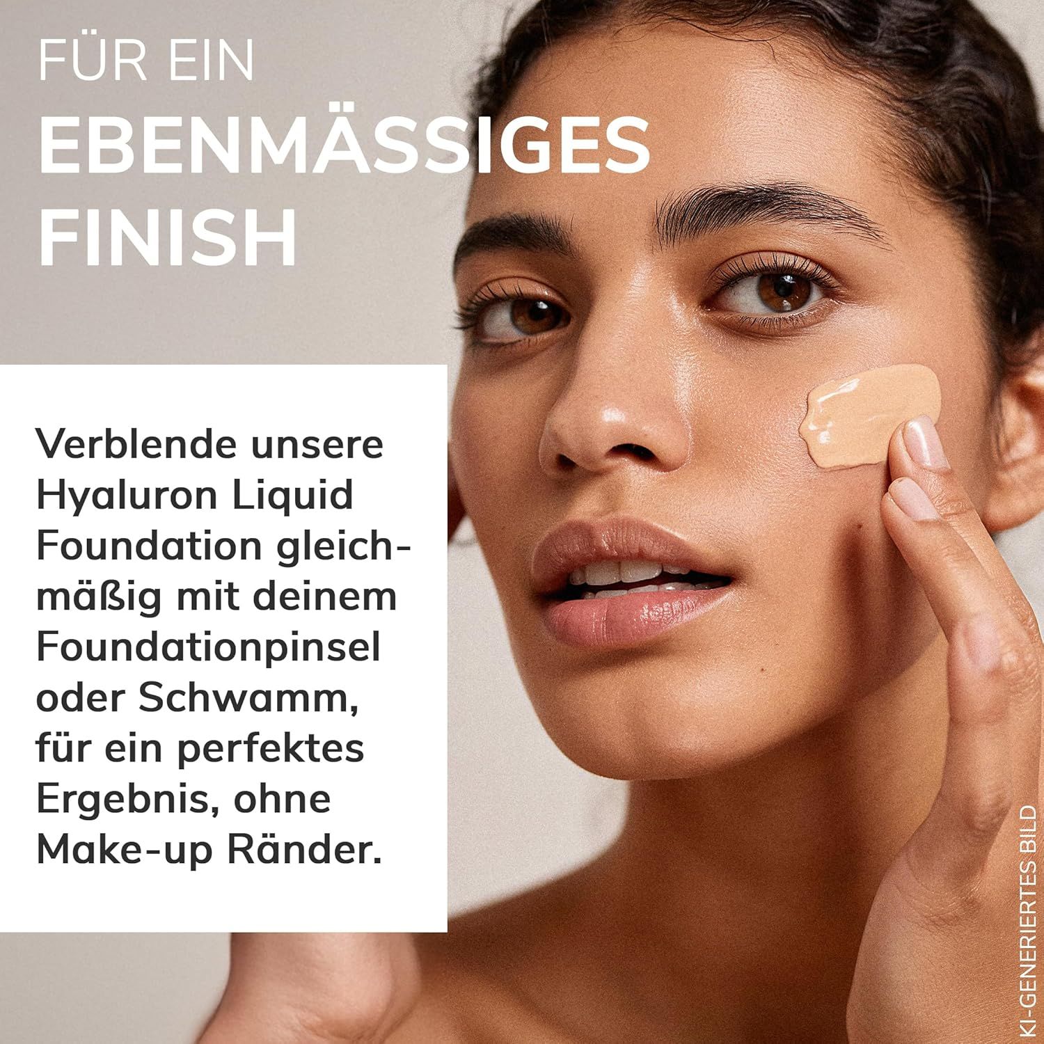Femme appliquant Lavera Hyaluron Liquid Foundation. Texte : Pour un fini uniforme. Application au pinceau ou à l'éponge.