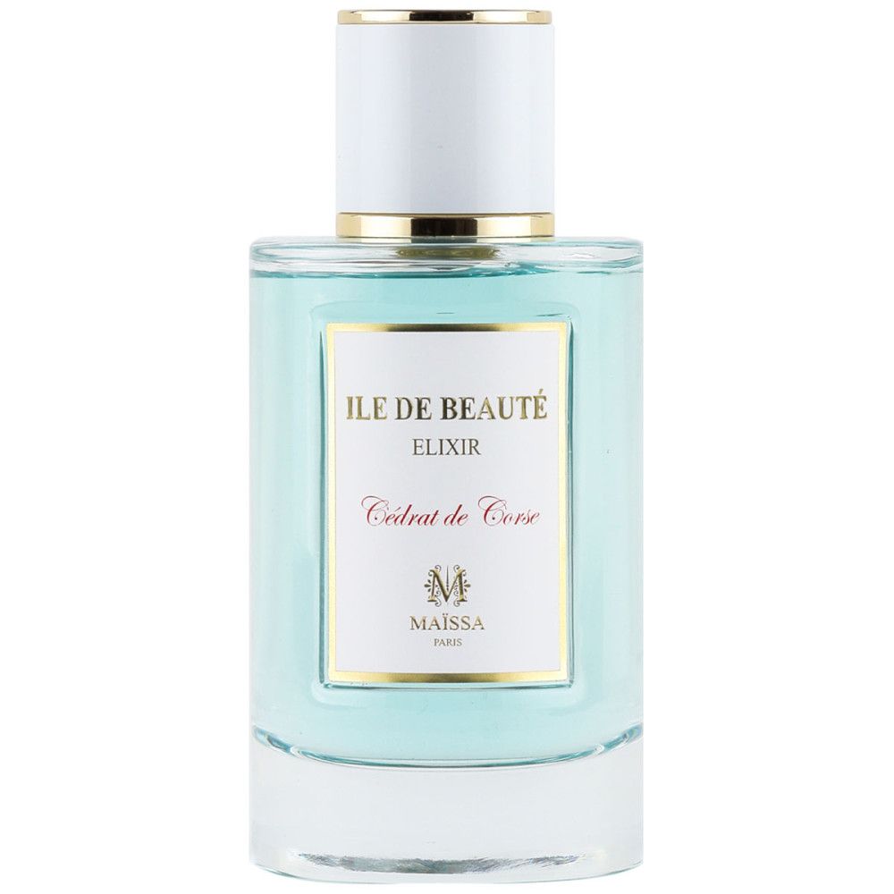 Flacon de parfum avec bouchon blanc et bordure dorée. Inscription: Ile de Beauté Elixir Cédrat de Corse. Marque: Maïssa Paris.