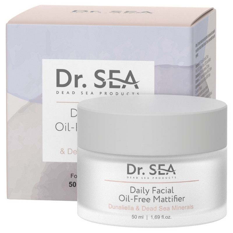 Pot de crème avec couvercle. Inscription : Dr. SEA, Daily Facial Oil-Free Mattifier, Dunaliella & Dead Sea Minerals.