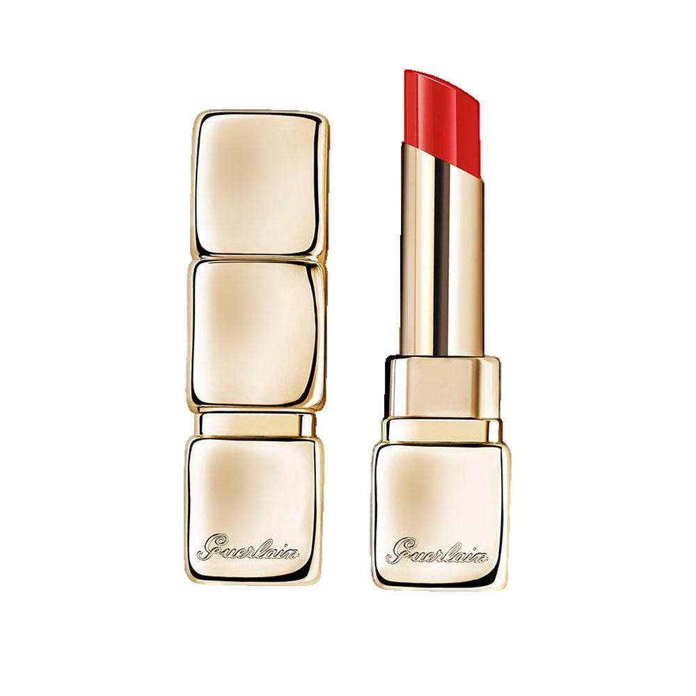 Rouge à lèvres Guerlain KissKiss Shine Bloom, Petal Red. Étui doré, ouvert et fermé.