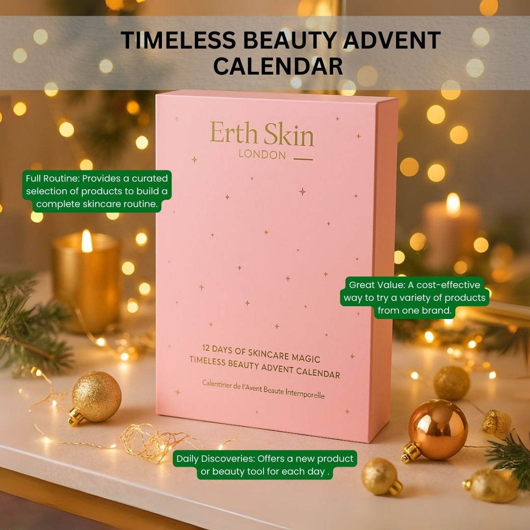 Roze adventskalender met tekst. Bevat "Erth Skin London" en "12 Days of Skincare Magic". Beschrijvingen.