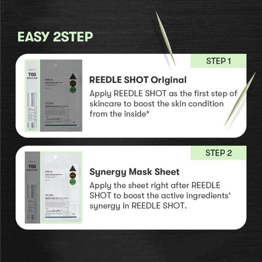 Afbeelding met twee stappen. Stap 1: REEDLE SHOT Original. Stap 2: Synergy Mask Sheet. Beide stappen voor de huid.