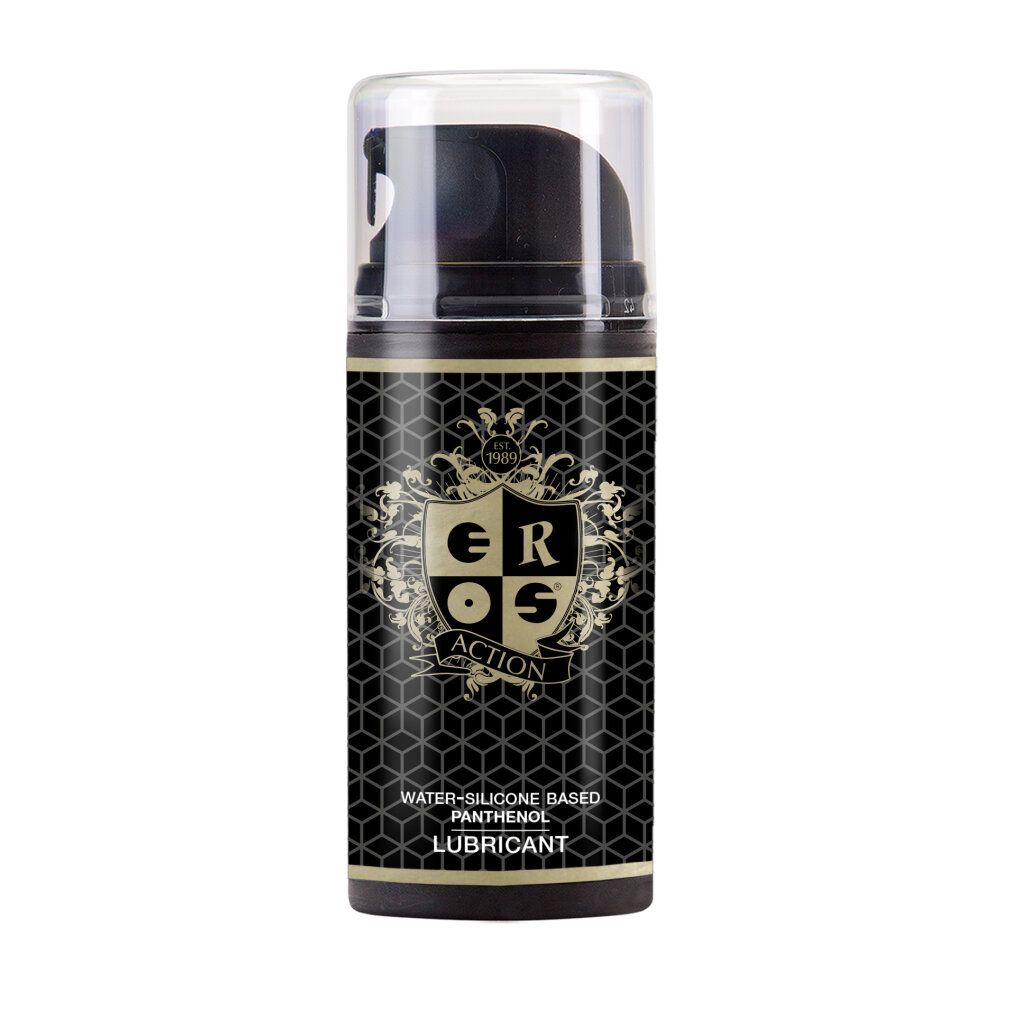 Lubrifiant EROS Action dans un flacon noir avec distributeur. Base eau-silicone avec panthénol.