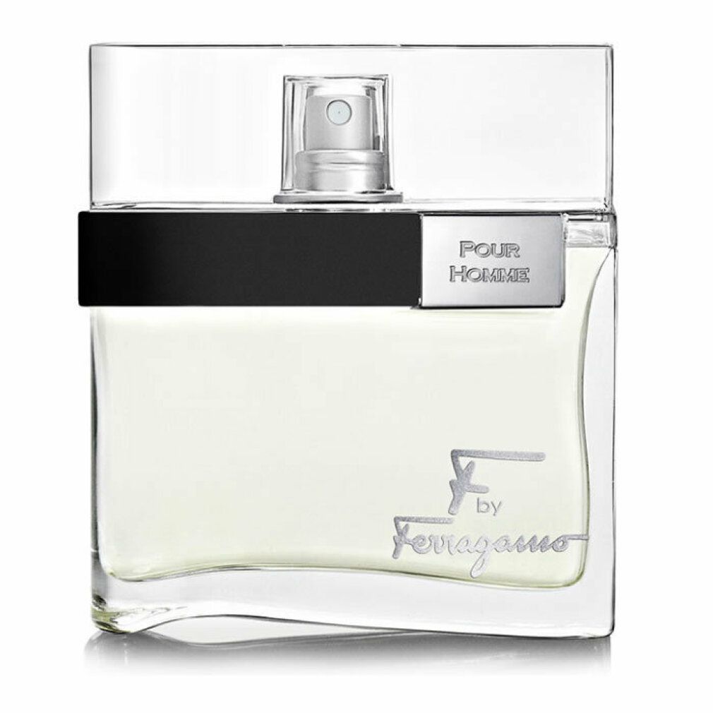 Flacon en verre avec vaporisateur argenté. Bande noire et inscription argentée "POUR HOMME". En bas, "F by Ferragamo".