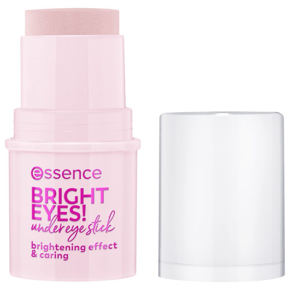 Roze stick met witte dop. Opschrift: Essence BRIGHT EYES! under eye stick, brightening effect & caring.