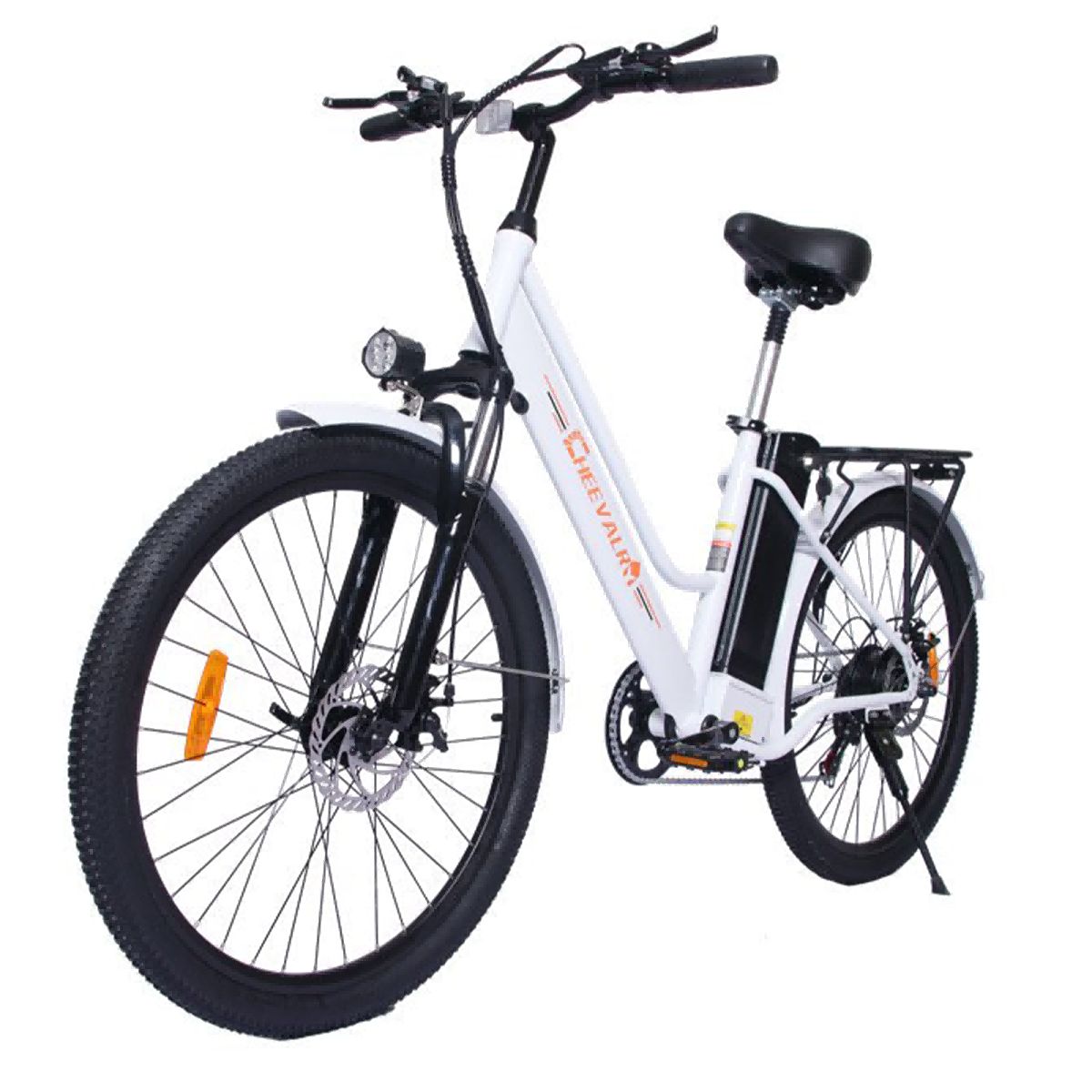 Vélo électrique blanc avec pneus noirs, phare et marque Cheevalry.