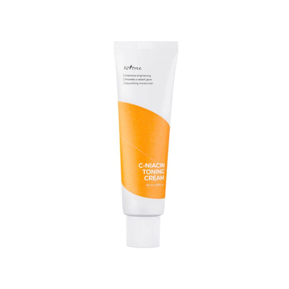 Tube de crème blanche avec bouchon. Inscription : C-Niacin Toning Cream. Bande orange. Marque Isntree.