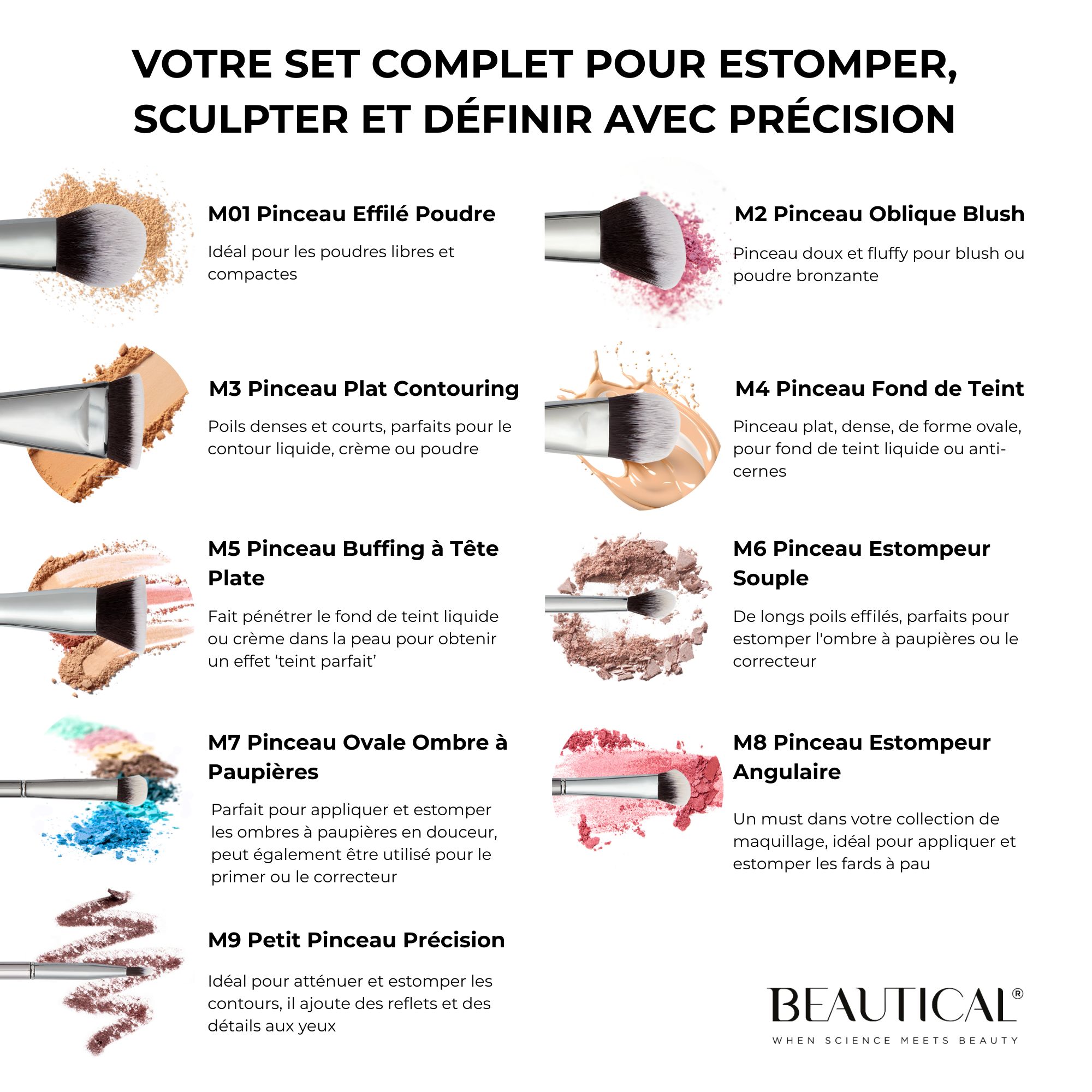 Pinceau avec poudre rouge. Manche argenté. La marque BEAUTICAL est visible.