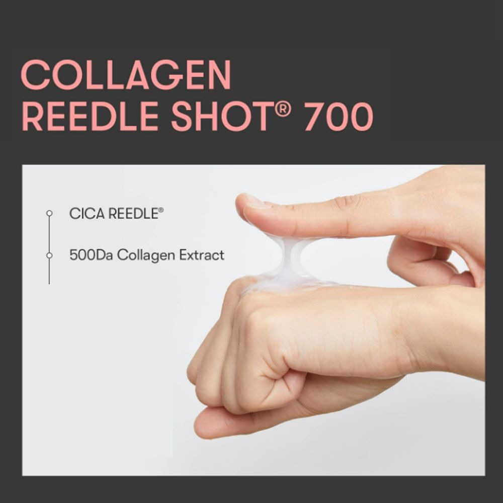 Mains avec produit. Texte: Kollagen Reedle Shot 700. Cica Reedle et extrait de collagène 500Da.