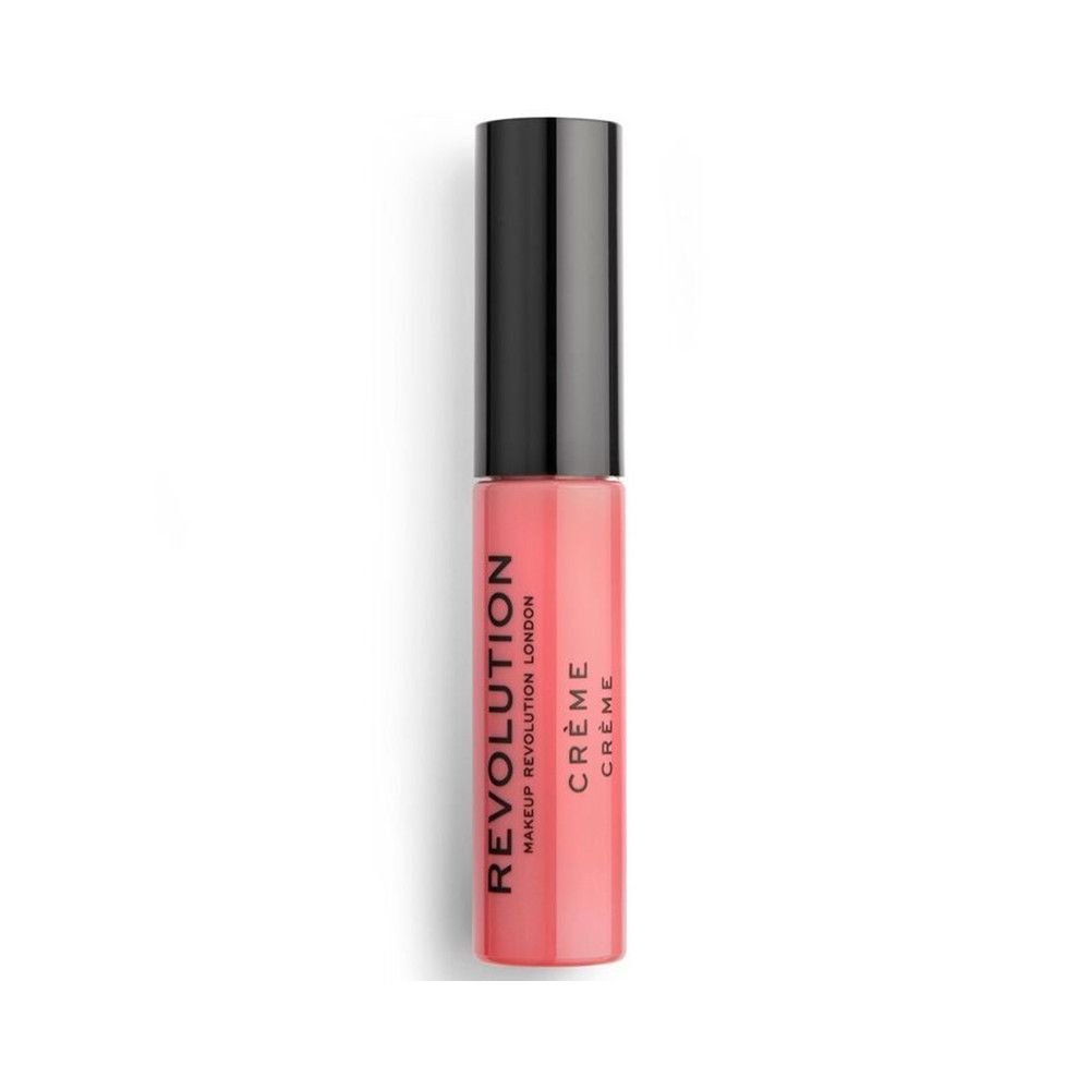 Makeup Revolution Crème Lipstick. Roze lipstick tube met zwarte dop. Productnaam en merk op de tube.