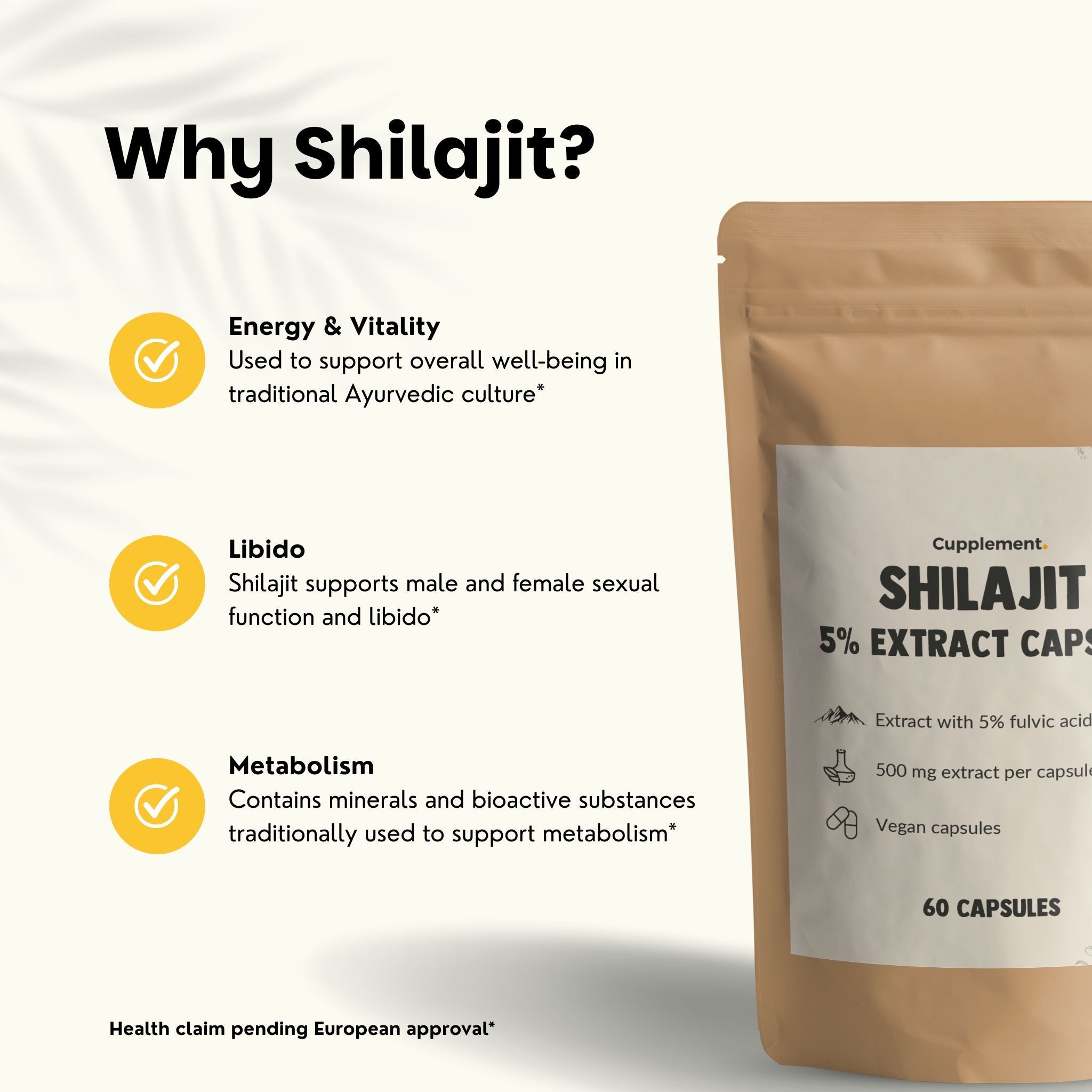 Texte : Pourquoi Shilajit ? Énergie & Vitalité, Libido, Métabolisme. Sachet avec impression produit. 60 gélules.