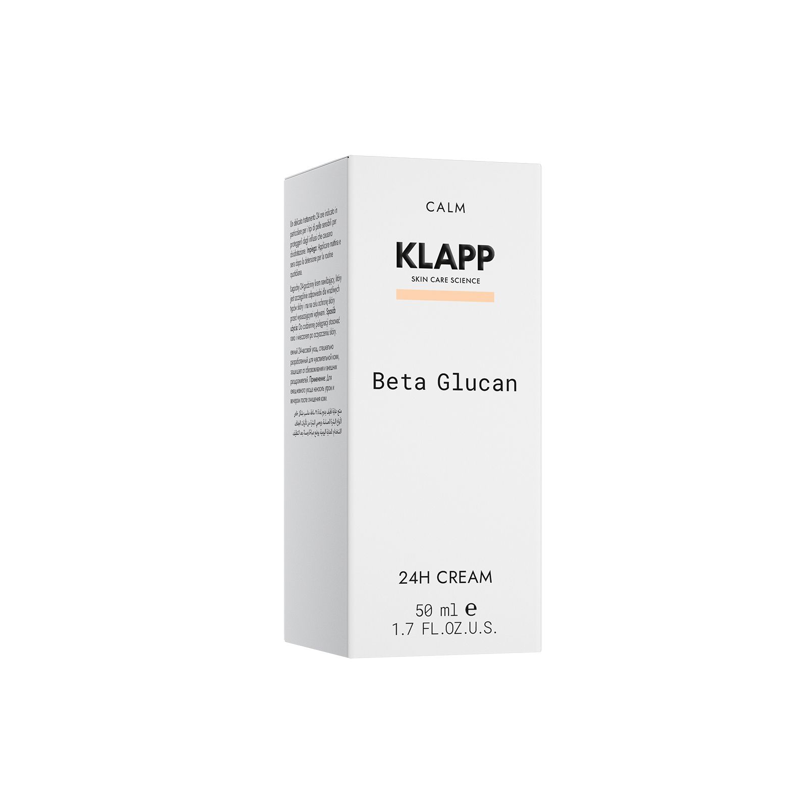 Witte verpakking met opschrift: KLAPP, Beta Glucan, 24H CREAM. Beige kleurvlak. Tekst op de zijkant.