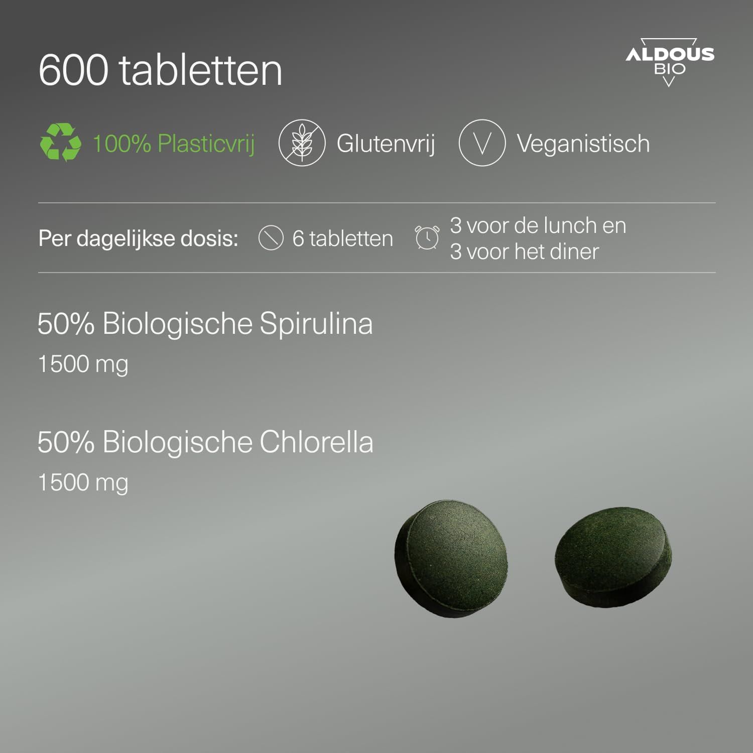 600 tabletten, 100% plasticvrij, glutenvrij, veganistisch. Bevat 50% biologische Spirulina en 50% biologische Chlorella.
