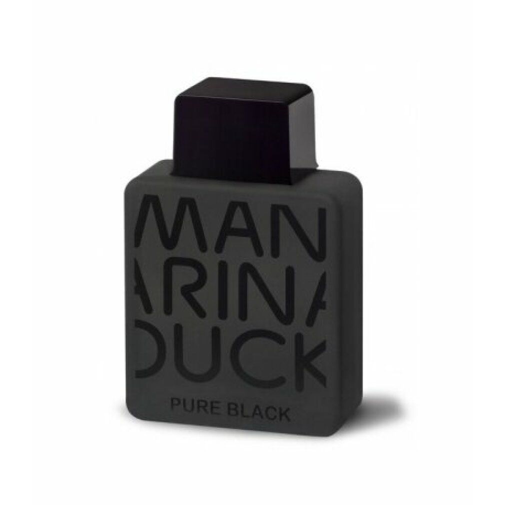 Flacon noir Mandarina Duck Pure Black Eau de Toilette avec logo imprimé.