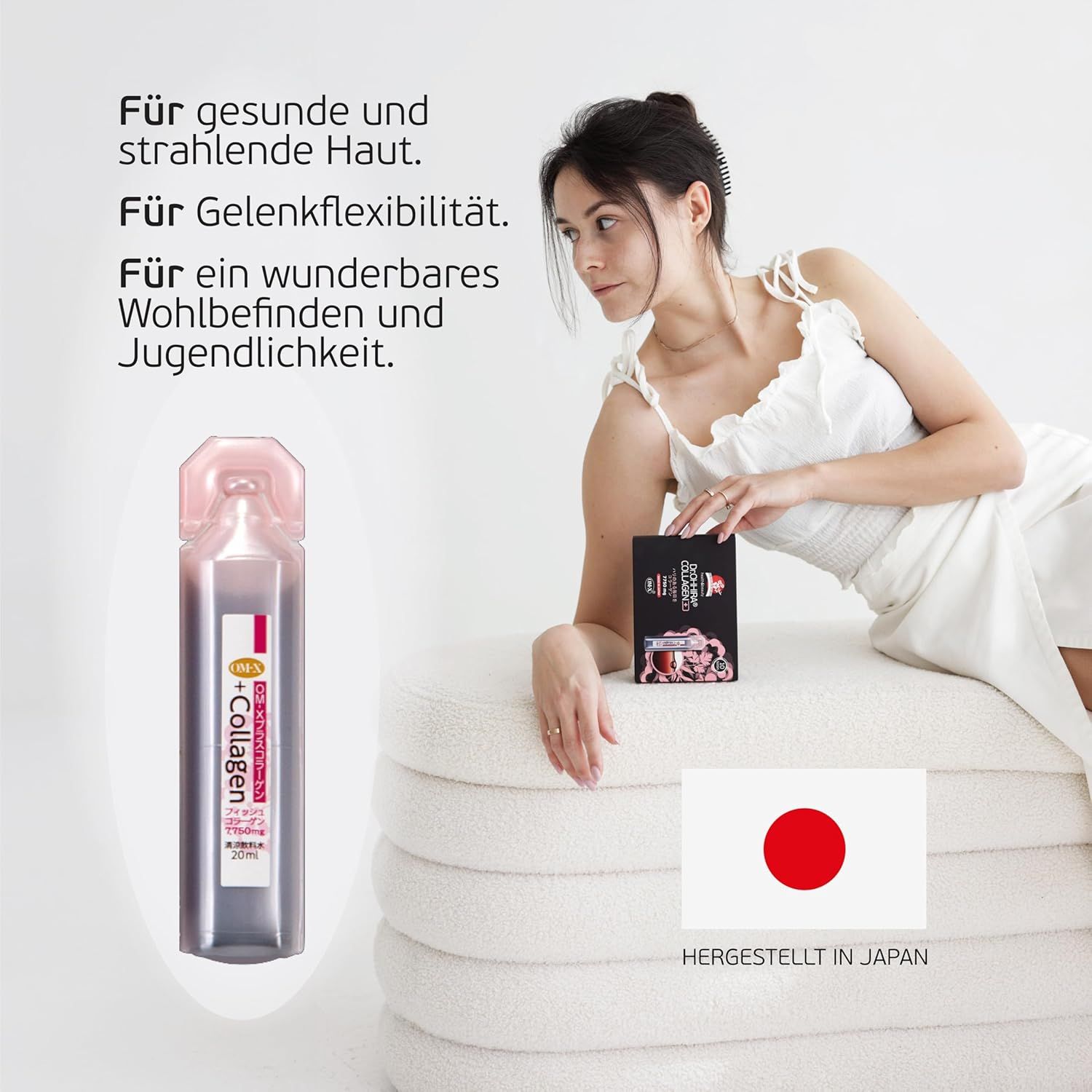 Femme avec un flacon et un emballage Dr. OHHIRA Collagen+, fabriqué au Japon.