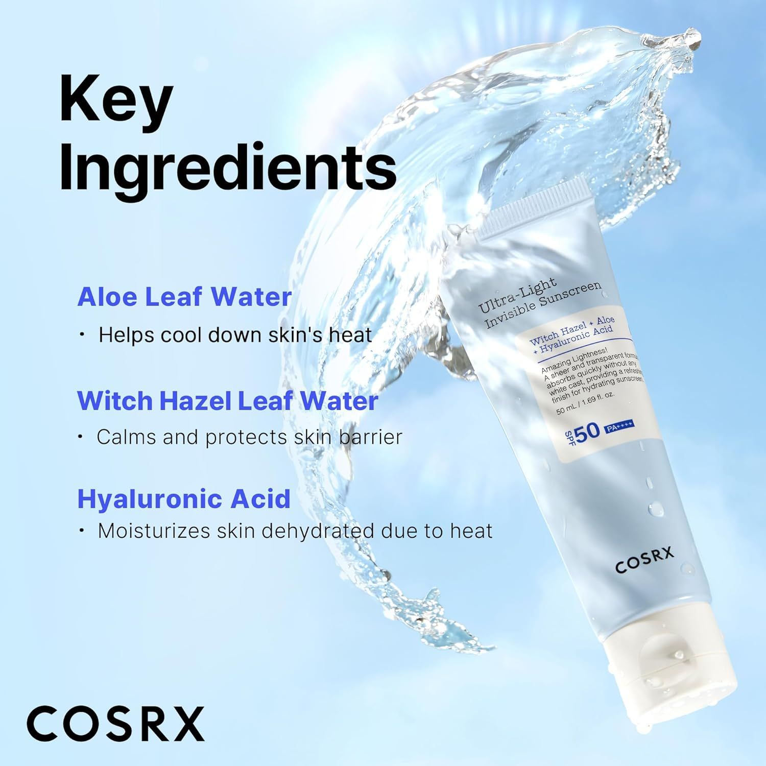 Image du produit avec de l'eau. Texte: Ingrédients clés. Aloe Leaf Water, Witch Hazel Leaf Water, Acide Hyaluronique. Marque: COSRX.