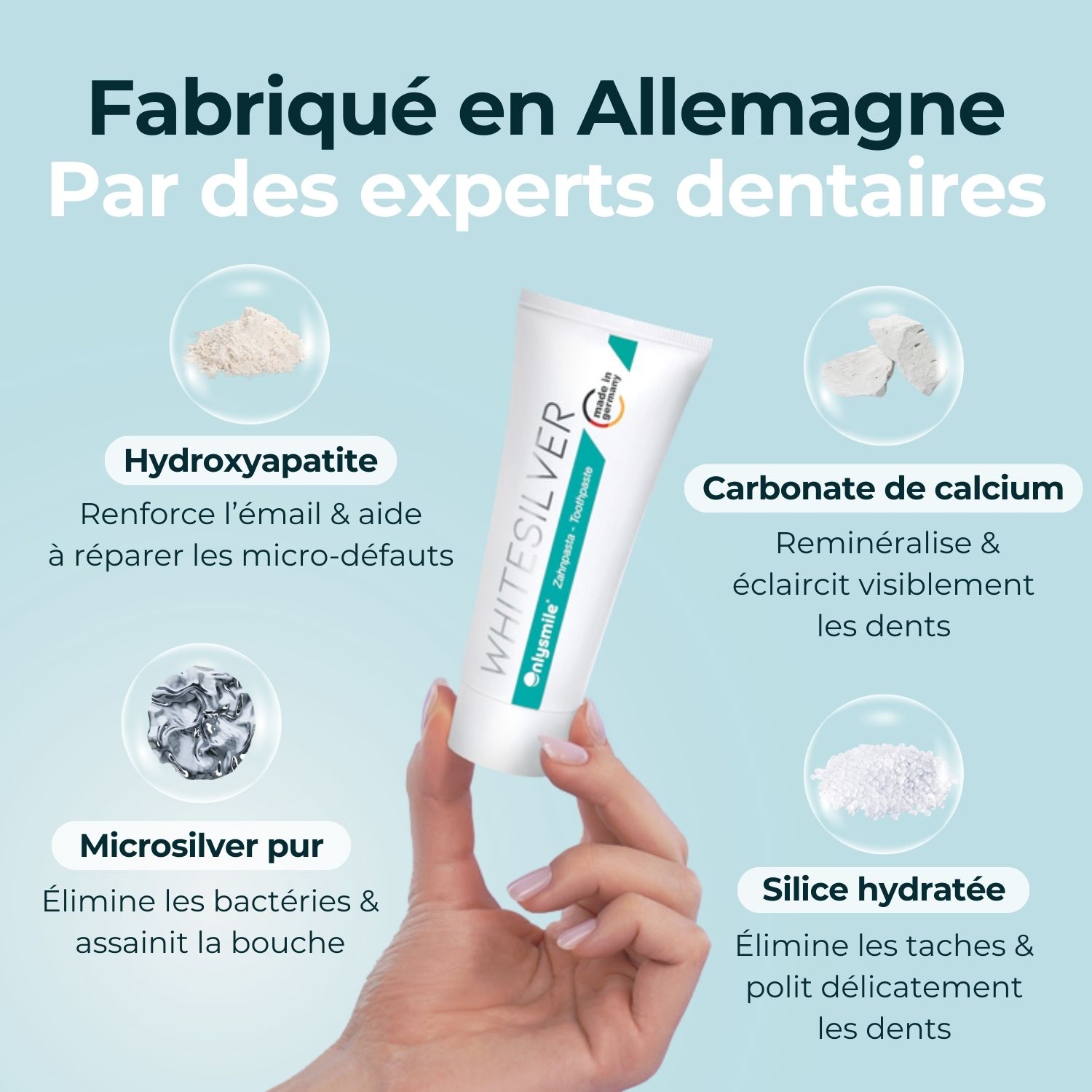 Dentifrice avec ingrédients. Dentifrice Whitesilver. Fabriqué en Allemagne.