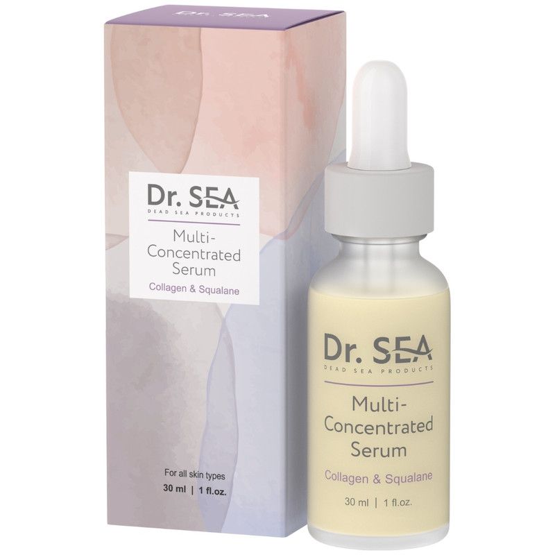 Flacon de sérum avec boîte. Inscription : Dr. SEA, Multi-Concentrated Serum, Collagen & Squalane. 30 ml | 1 fl.oz.