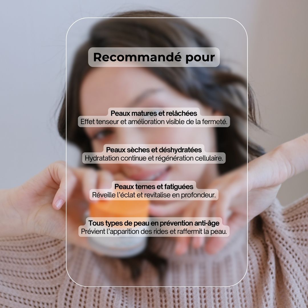 Femme tenant un pot de crème. Recommandé pour : peau mature, peau sèche, peau terne, tous types de peau. Couvercle orange.
