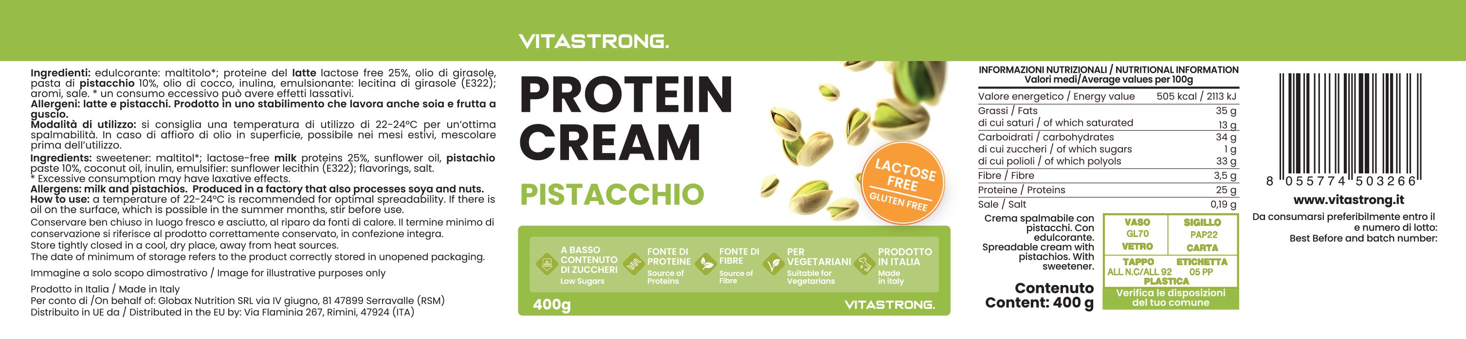 Etiket van pistache proteïnecrème. Tekst: Vitastrong, Protein Cream Pistacchio, 400g. Bevat voedingswaarde en ingrediëntenlijst.