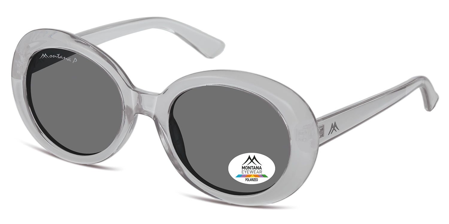 Lunettes de soleil grises, verres ronds, logo Montana Eyewear sur le verre et les branches. Verre polarisé.