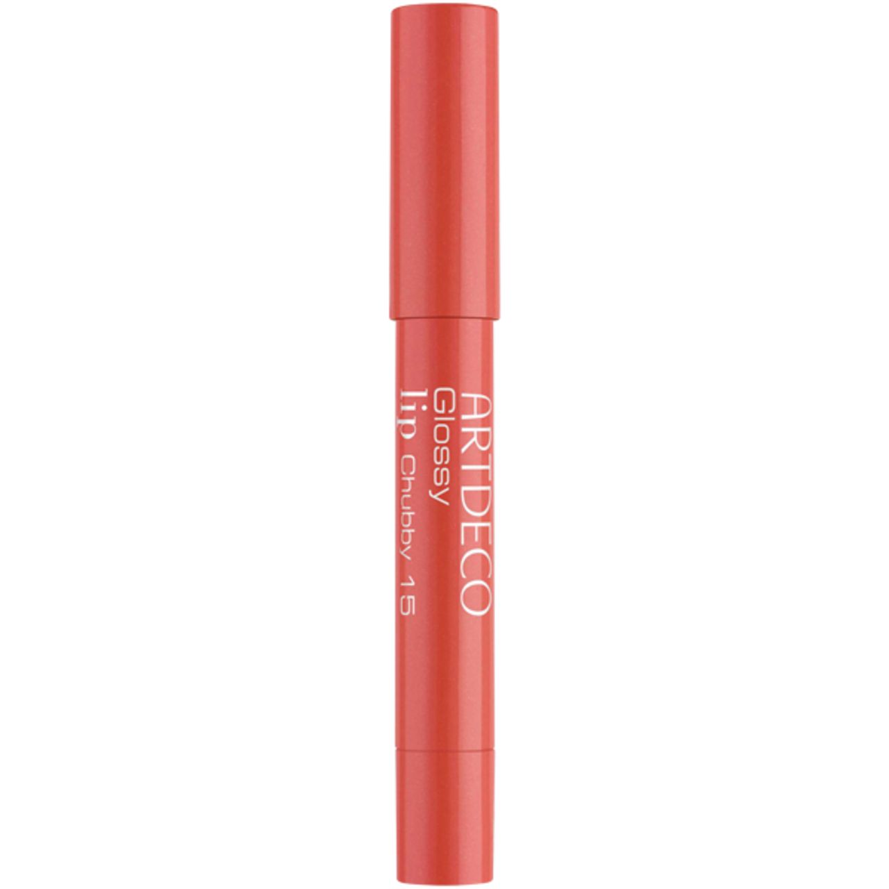 Artdeco Glossy Lip Chubby 15, koraalkleurige lippenstift met dop erop. Opschrift: Artdeco, Glossy, Lip, Chubby.