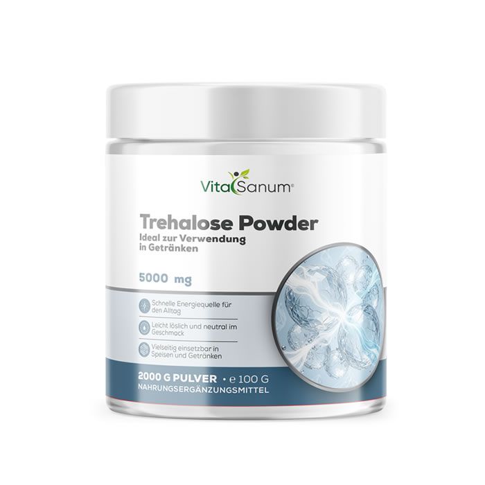 Boîte de poudre de tréhalose VitaSanum, 100g. Contient 5000 mg de tréhalose. Idéal pour utilisation dans les boissons.