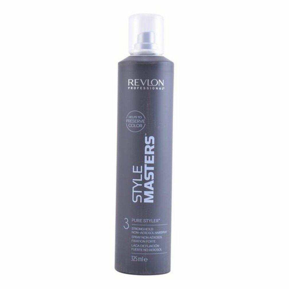 Flacon de laque gris avec vaporisateur blanc. Inscriptions: Revlon Professional, Style Masters, Pure Styler, Strong Hold.