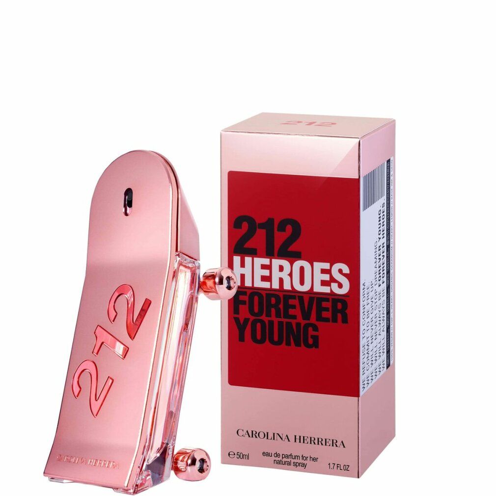 Roze fles en verpakking. Opschrift "212 Heroes Forever Young". Merk Carolina Herrera. 50ml.