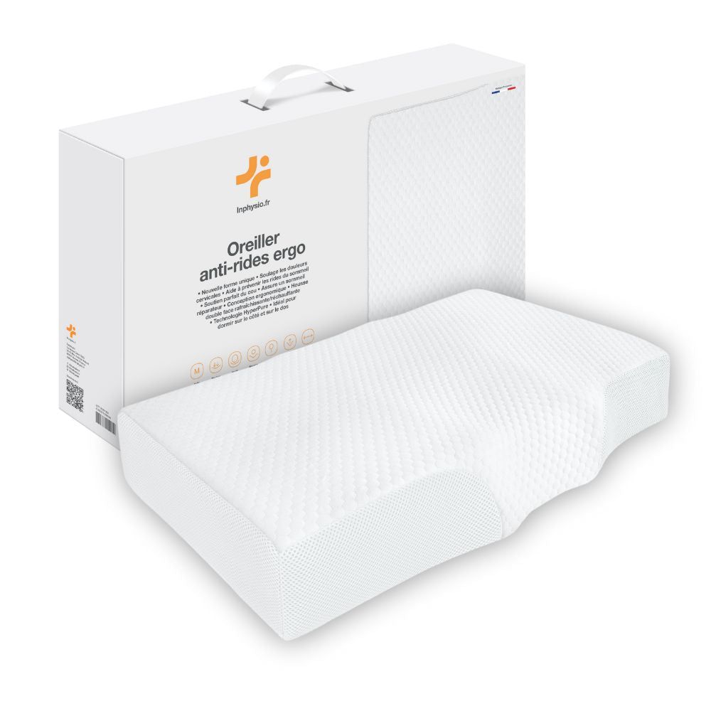 Ergonomisch kussen. Wit, rechthoekig met uitsparing. Verpakking met productnaam en logo. Handvat.