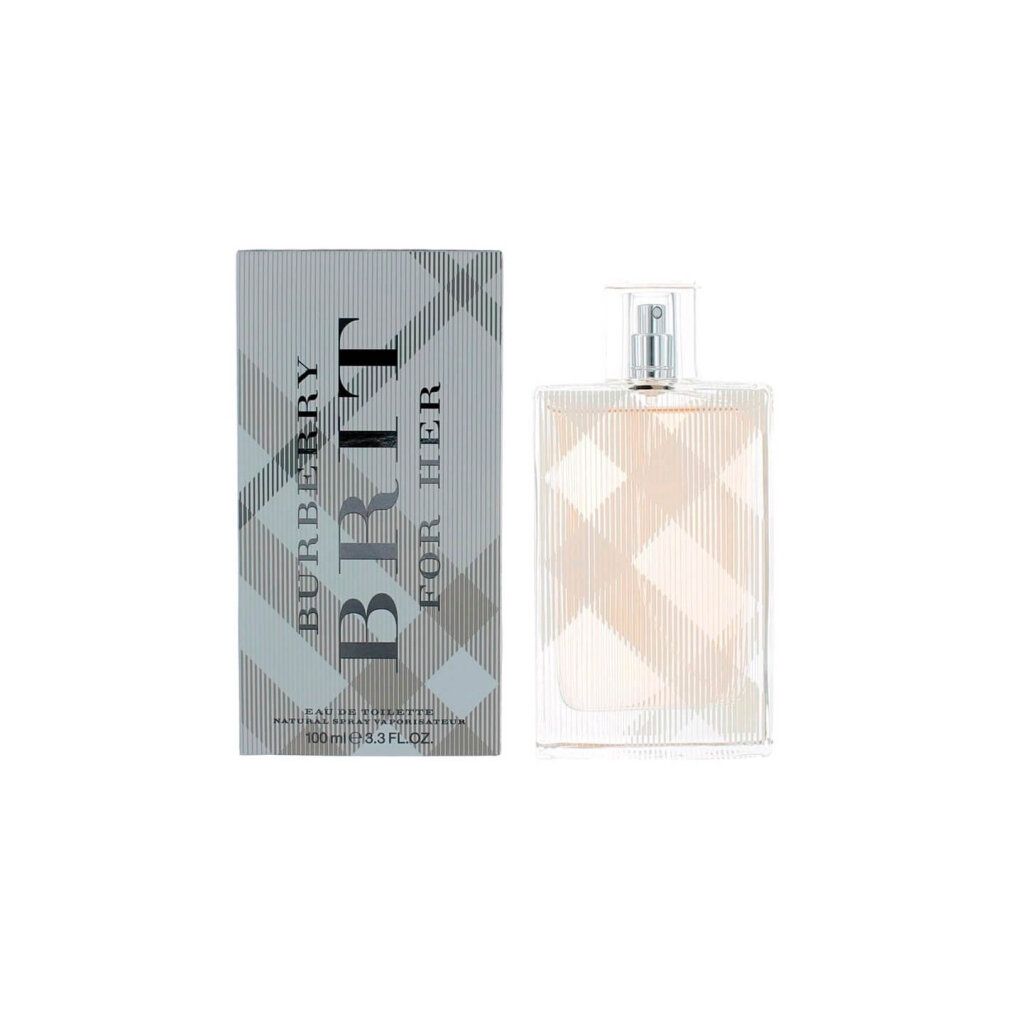 Flacon et boîte. Flacon rectangulaire avec vaporisateur. Boîte avec logo et texte. Motif à carreaux. Texte: Burberry Brit For Her.