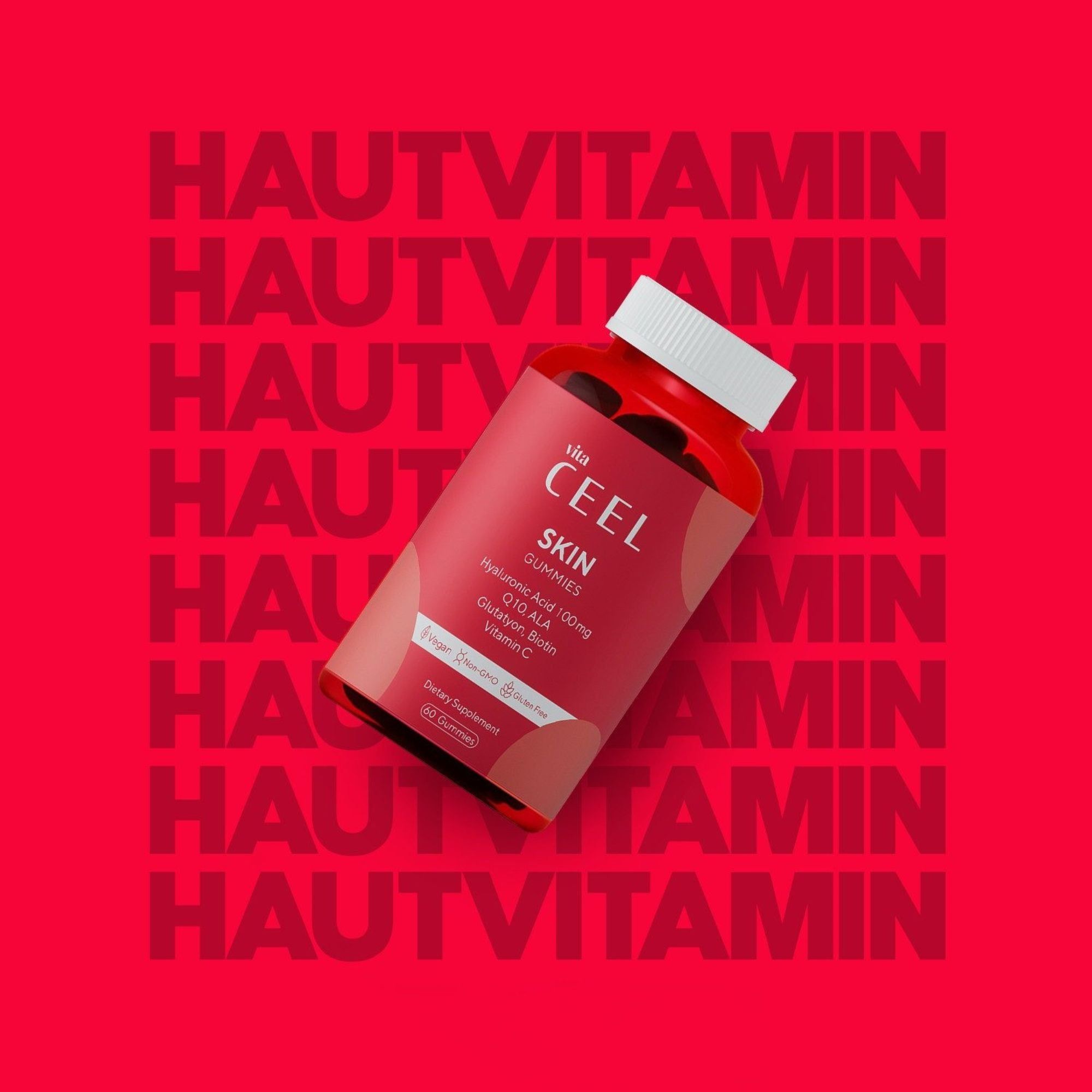 Rode fles met vita CEEL SKIN GUMMIES. Bevat hyaluronzuur, CoQ10, biotine, vitamine C.