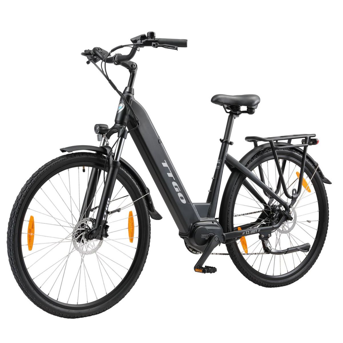 Vélo électrique noir avec porte-bagages, garde-boue et logo TTGO. Pneus Kenda et réflecteurs orange.