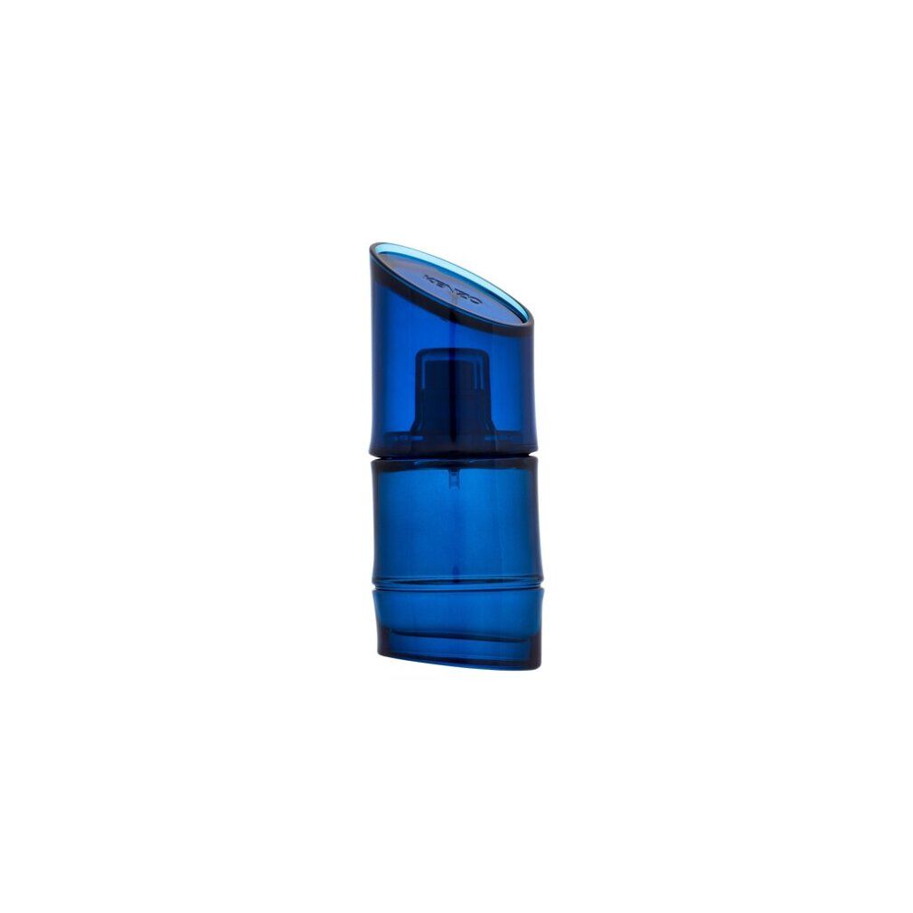 Blauwe flacon, schuine vorm, transparante deksel. Verstuiver zichtbaar. Kenzo-logo op de deksel.