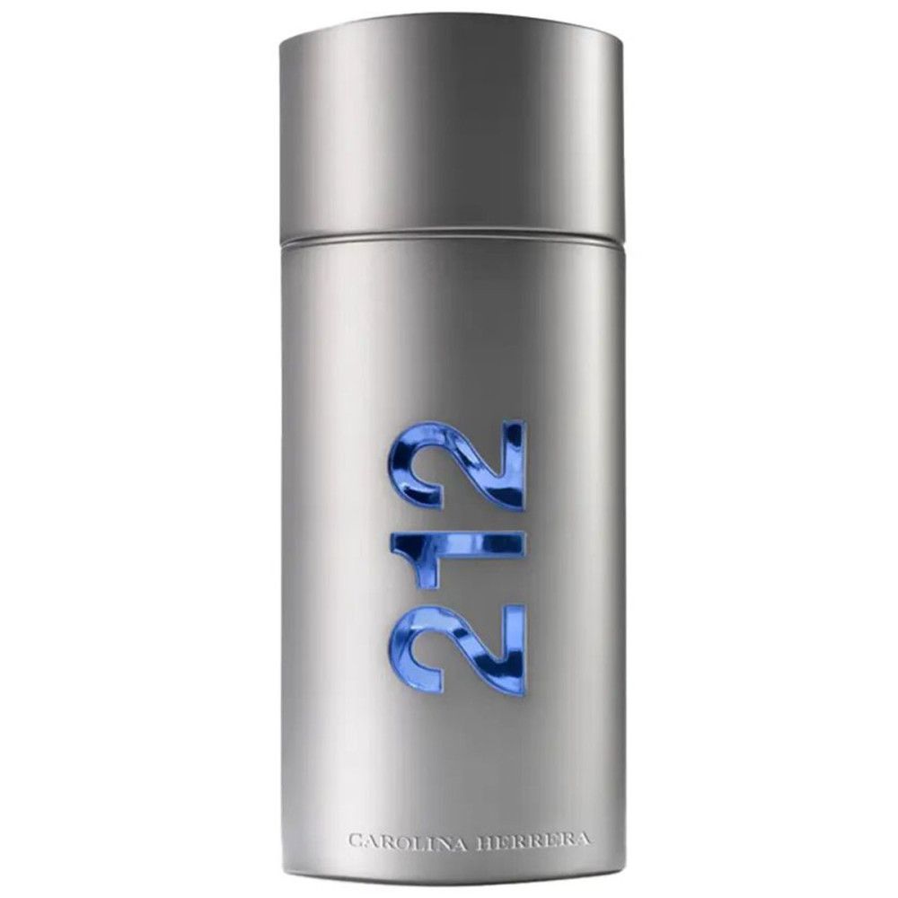 Flacon de parfum argenté avec l'inscription bleue "212" et "Carolina Herrera" en dessous.